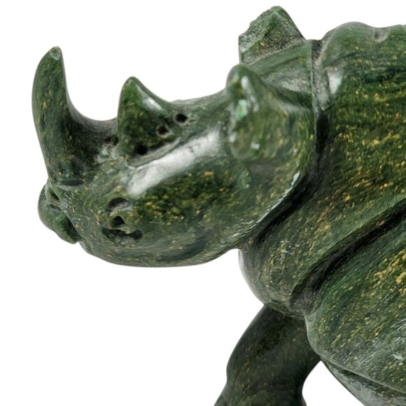 Hand Carved Green Stone Rhino Figurine Signed SP Safari Animal Vintage Sculpture - Picture 6 of 8